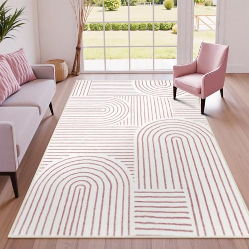 Lahome Abstract Pink and White Rugs for Bedroom Girls, Soft Washable Rugs by Lahome
