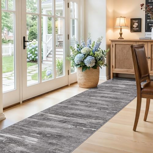 2'6x12 Washable Runner Rug for Kitchen - Modern Abstract Hallway Entryway Carpet with Non Slip Backing Durable Low Pile Bedroom Rugs Indoor Ultra Soft Home Decor Floor Mat for Bathroom 2'6x12 Black - Image 3