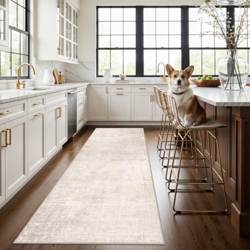 Hallway 3x8 Washable Runner Rug: Abstract Stain Resistant Entryway Kitchen Area Rugs Farmhouse Soft Bathroom Bedroom Print Floor Mat Thin Non-Slip Indoor Carpet for Living Room Laudry(3x8,Beige/Cream) by HYHAOYUNLAI