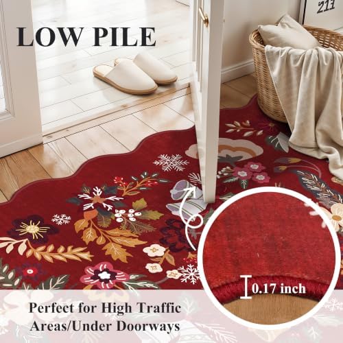 Christmas Red 2x6 Runner Rug: Washable Floral Scalloped Soft Kitchen Rugs - Image 3