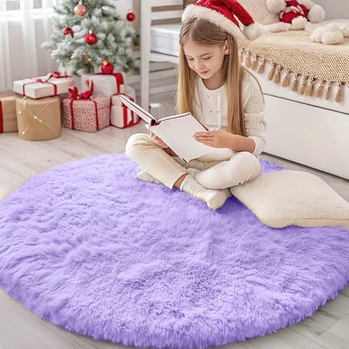 OLANLY Light Purple Round Rugs for Bedroom - Machine Washable, 4 ft Circle Area Rugs for Living Room, Soft and Fluffy Shaggy Carpet for Teen Girls and Boys, Nursery Rooms, Dorms, Home Decor Aesthetic by OLANLY