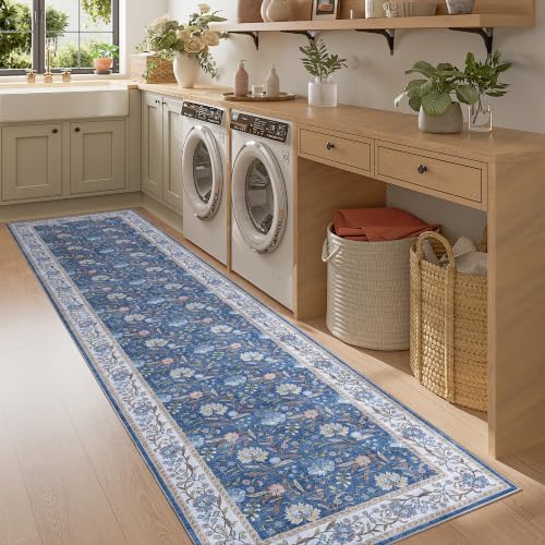DUKINO 2x8 Runner Rug, Washable Vintage Floral Kitchen Rugs, Sky Blue - Image 5