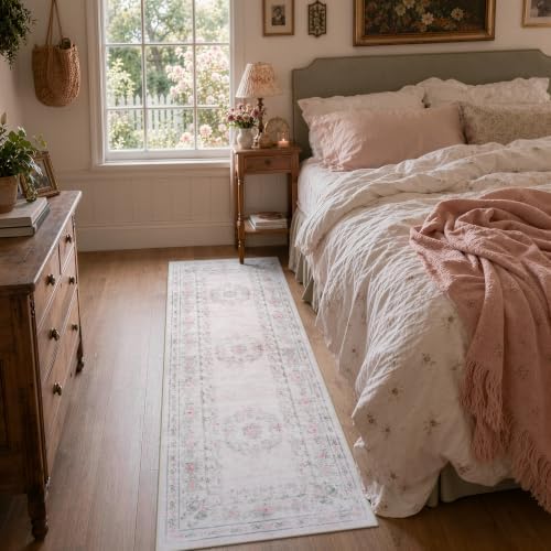 Wonnitar 2x6 Floral Bow Runner Rug for Hallway, Pink Washable Runner Rug with Non Slip Backing, Ultra-Thin Soft Boho Floral Carpet Runner for Bedroom Nursery Kitchen Laundry Room, Light Pink - Image 3