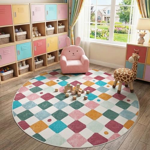 jinchan 7ft Kids Round Rug Washable Classroom Rug Colorful Mat Confetti by JINCHAN