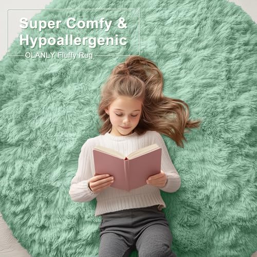 OLANLY Mint Green Round Rugs for Bedroom - Machine Washable, 7 ft Circle Area Rugs for Living Room, Soft and Fluffy Shaggy Carpet for Teen Girls and Boys, Nursery Rooms, Dorms, Home Decor Aesthetic - Image 6