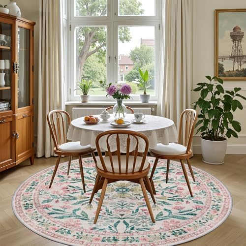 PLHXFR Round Area Rug Living Room: 4 ft Floral Washable Carpet Pink Green - Image 4