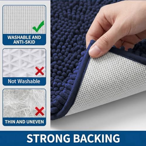 Bathroom Rugs Sets 2 Piece,Super Absorbent Chenille Bath Mats and U-Shaped Toilet Rug,Strong PVC Non Slip Backing,Microfiber Washable Dry Quickly Bath Mats for Bathroom(20"x32"+20"x20"U,Navy Blue) - Image 5