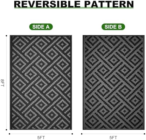 RURALITY Outdoor Rugs 5x8 Feet for Patios Clearance,Plastic Straw Waterproof Mats for Backyard,Porch,Deck,Balcony,Black&Deep Grey - Image 2