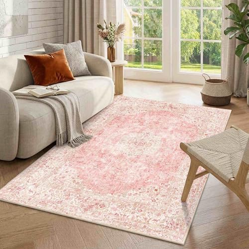 Vintage Pink Area Rugs 4x6, Washable Cute Small Rugs for Girls by LatteFog