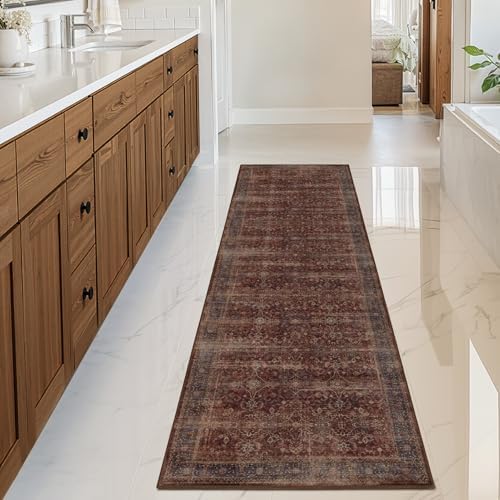 Vintage Brick Red 2x5 Rug Runners for Hallways, Non Slip Washable Kitchen Bathroom Runner, Low Pile Thin Print Carpet for Entryway/Foyer/Laundry Room, Distressed Farmhouse Bedside Runners - Image 4