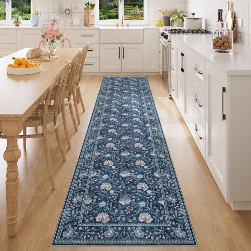 DUKINO 2x8 Runner Rug, Washable Vintage Floral Kitchen Rugs, Dark Blue by DUKINO