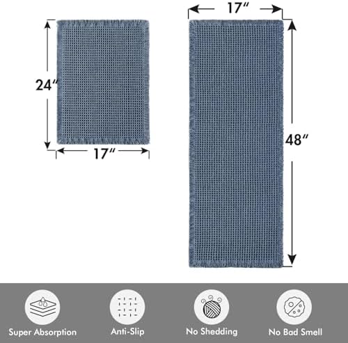 MIULEE Set of 2 Waffle Bathroom Rugs Boho Bath Mat Blue 17"x24"+17"x48" - Image 2