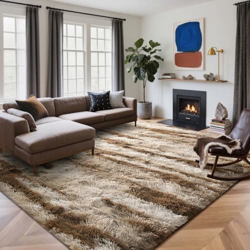Area Rugs for Living Room, 5x7 Feet Soft Fluffy Shagg Plush Rug High Pile Large Indoor Modern Non-Slip Floor Carpet for Bedroom Nursery Kids Home Room Dorm Decor Aesthetic Tie-Dyed Khaki - Image 2