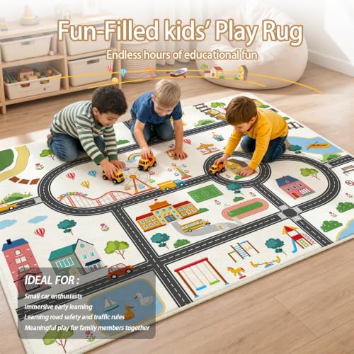 Car Rug Play Mat for Kids, Non Slip Train Track Car Rug Town City Road Map Playmat for Children, Washable Carpet for Boy Playroom Bedroom - 3x5 Ft - Image 3