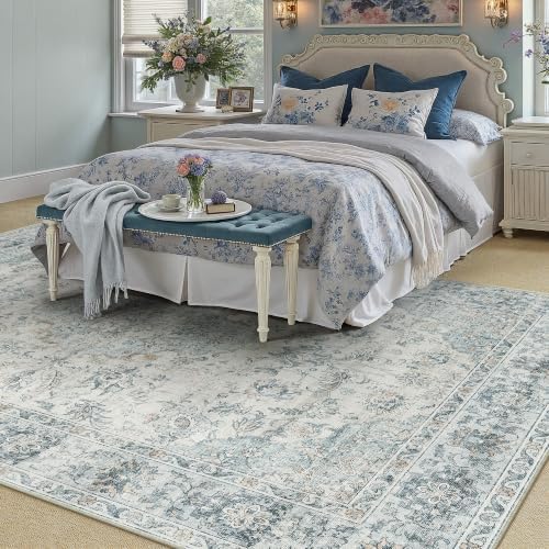 HUGEAR 6x9 Light Blue Retro Floral Washable Area Rug for Living Room - Image 2