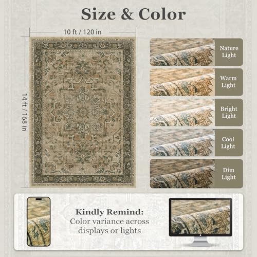 Extra Large Area Rugs 10x14 for Living Room, Traditional Medallion Printed Carpet Rugs for Bedroom Low Pile Thin, Non Slip Washable Rug for Dining Room, Vintage Multi Brown/Green - Image 2