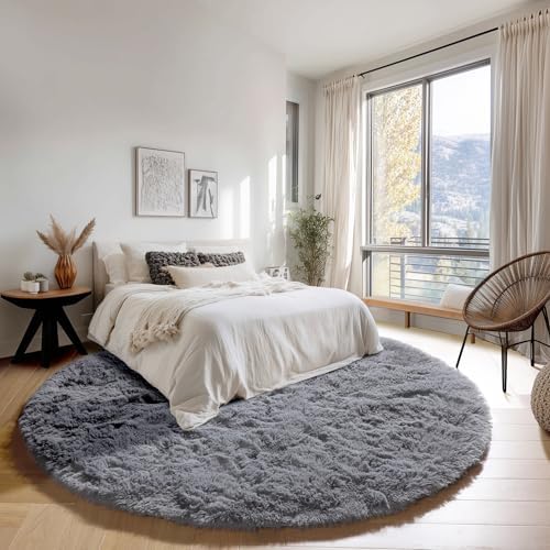 ONASAR Grey Round Rugs 8ft for Living Room, Fluffy Bedroom Circle Area Rug, Soft Plush Shaggy Carpet for Kids Girls Boys Teen Nursery Dorm Classroom Playroom Home Decor Aesthetic - Image 3