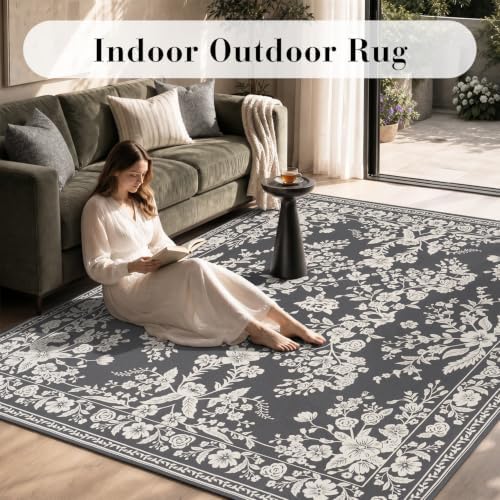 AMOAMI-Outdoor Rug-Patio Rug 8x10 ft Quick Dry Machine Washable Flatweave Textured Outdoor Carpet with Rubber Particles Backing Indoor Outdoor Rugs for Patio Deck Front Porch Balcony Greyish Black - Image 3