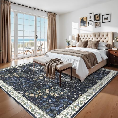 10x10 Square Area Rug Living Room: Boho Floral Washable Mat for Dining Room Bedroom Office High Traffic Area Soft Non Slip Low Pile Indoor Carpet for Vintage Farmhouse Home Decor (10ft Square, Blue) - Image 5