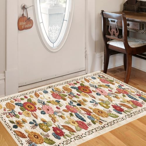 Washable 2x4 Small Area Rug, Beige Boho Floral Non-Slip Entryway Door Mat by GERUIMO
