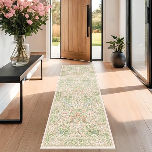 Hazo Haus Non Slip Beige Green Runner Rug - Long Runner Rugs 24 x 72 Washable Rug for Kitchen Floor Mat, Bathroom, Laundry Room, Hallway - Vintage Floral Design Décor (2x6 Beige Green) - Image 6