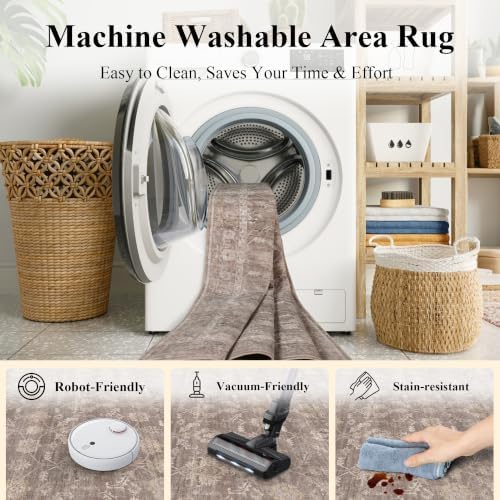 Entryway Washable 3x5 Area Rug Non-Slip Boho Throw Carpet Taupe Wheat - Image 5