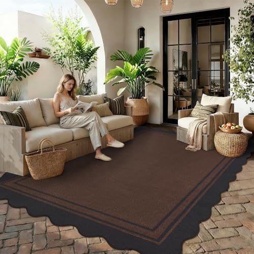 Zeeinx 6x9 Scalloped Rug Easy Jute Washable Outdoor Patio Rug Black Brown - Image 2
