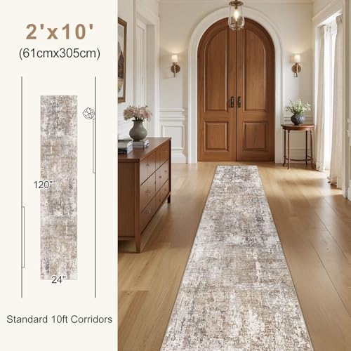 UERMEI 2x10 Washable Runner Rug for Hallway, Non Slip Low Pile Kitchen Carpet, Neutral Modern Abstract Indoor Floor Mat for Entryway Laundry, Kid & Pet Safe High Traffic Area, Brown/Grey/Red - Image 6