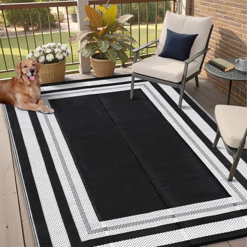 GAOMON Waterproof Plastic Straw Rug 9x12 Outdoor Rug for Patios Modern Bordered Lightweight Carpet Reversible Mat for Backyard Pool Deck Picnic Patio Porch RV Beach Trailer Camping Border-Black/White - Image 2