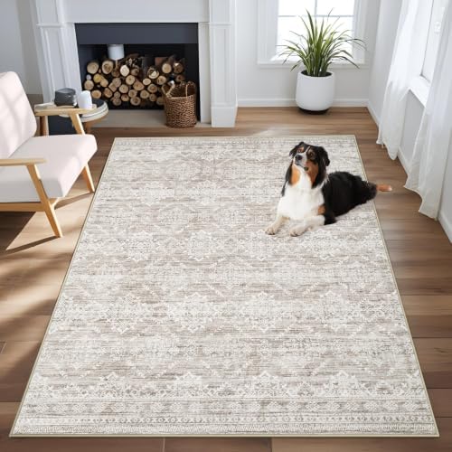 Area Rug 3x5 Geometric Rug: Washable Boho Moroccan Rugs Soft Farmhouse Rug, Modern Neutral Stain Resistant Indoor Floor Carpet for Livingroom Bedroom Dining Table Nursery(Ivory Mocha,3'x5') by AOYAOMI