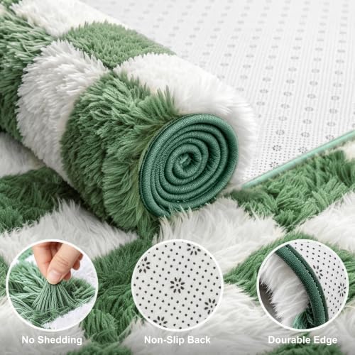 Large Area Rugs for Living Room Bedroom,9x12 Green and White Fluffy Soft Checkered Rug Fuzzy Shag Shaggy Carpet,Indoor Plush Floor Rugs for Teen Dorm Home Decor - Image 4