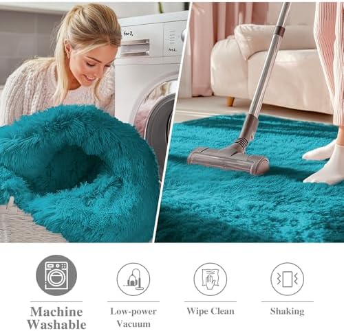 OLANLY Teal Round Rugs for Bedroom - Machine Washable, 4 ft Circle Area Rugs for Living Room, Soft and Fluffy Shaggy Carpet for Teen Girl and Boys, Nursery Rooms, Dorms, Home Decor Aesthetic - Image 2