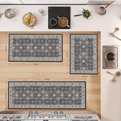 3 Pieces Kitchen Rug Sets: Farmhouse Washable Non-Slip Floor Mat for Sink Stove & Fridge Area Water Resistant Carpet for Laundry Room Entryway Soft Cozy Runners for Kids Pets Family(2x3+2x4+2x5,Black) - Image 4