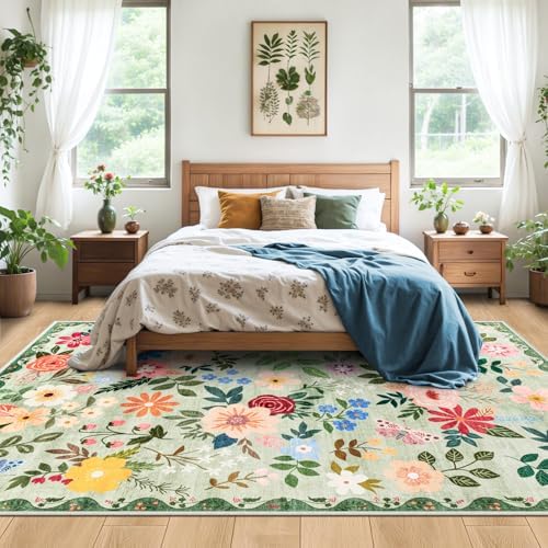 PLHXFR Area Rug 10x12 Living Room: Floral Washable Boho Soft Carpet Green - Image 3