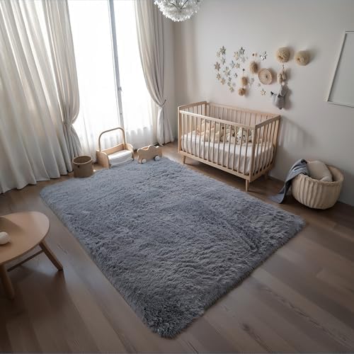 5x8 Grey Fluffy Shag Rug for Bedroom, Plush Washable Carpet - Image 6