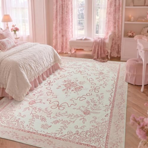 Pink Vintage Floral Area Rug 6x9 for Bedroom, Washable Cute Bow Cottage Core French Country Rose Shabby Chic Rug for Living Room Aesthetic Decor, Blush by Unknown