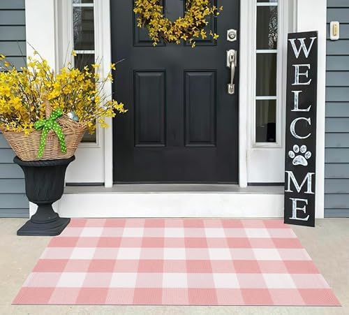 Pink White Layered Doormat 27.5"x43.3"Washable Buffalo Plaid Outdoor Rug - Image 5