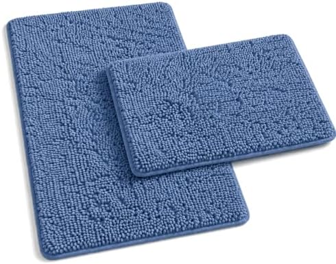 Blue Bathroom Rugs Chenille Bath Mats Set 2 Piece Extra Soft and Absorbent Shaggy Rugs, Machine Wash and Dry, Perfect Plush Bath Mats for Tub, Shower, Bathroom ​Decor, Washable Carpets Set by RUNHELIX