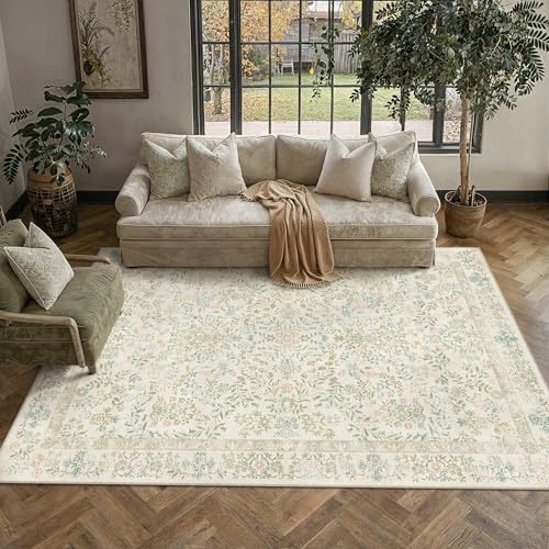 PureCozy 4x6 Light Green Floral Small Area Rug Vintage Farmhouse Style by PureCozy