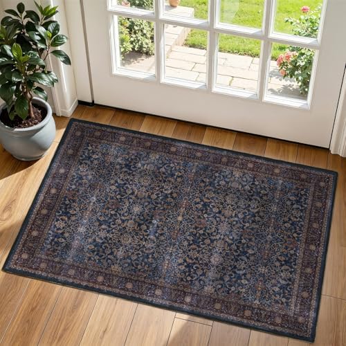Washable Small Door Rug 2'x3', Vintage Old Money, Dark Blue by Jainmy