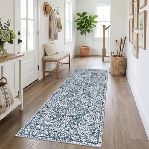 KUTA Vintage Washable Runner Rug 3x7 Blue White Wide Hallway Runner - Image 3