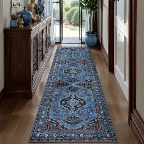 Tangsoo Blue 2.6x10 Washable Hallway Runner Rug,Vintage Non Slip Runner Rug by Tangsoo