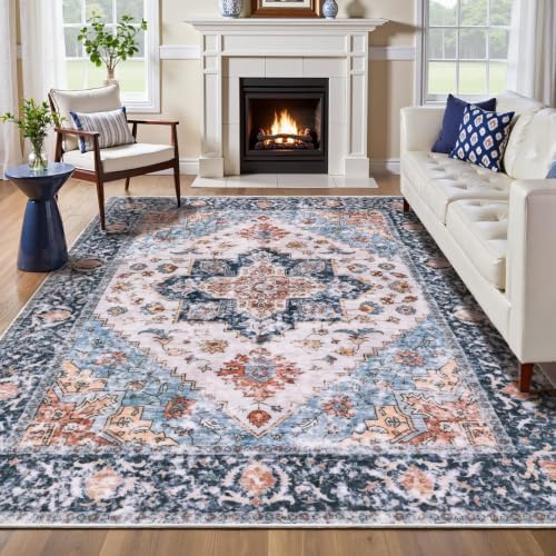 SERISSA 6x9 Washable Non Slip Boho Area Rug for Living Room，Blue Orange by SERISSAHomeDecorCollection