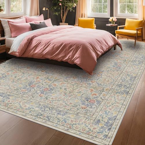 Washable Light Blue Bedroom Rug, 9x12 Area Rug for Living Room, Large Dining Room Rugs for Under Table, Soft Low Pile Non-Slip Stain Resistant Carpet - Vintage Floral Design (9x12 Beige Blue) by HazoHaus
