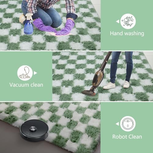 Shag Runner Rug for Bedroom Living Room 3x7 Upgrade Non-Slip Fluffy Soft Bedside Rugs,Green and White Shaggy Carpet for Livingroom Dorm Home Decor Aesthetic - Image 5