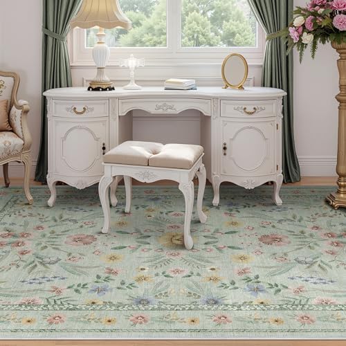 Green Floral Rug for Girls,5x7 Washable Botanical Bedroom Rug for Nursery, Playroom or Kids Room,Soft Non-Slip Carpet for Forest Themed Baby Room Decor - Image 3
