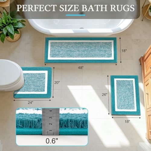 Pauwer Bathroom Rugs 3 Piece Set, Non Slip Washable Bath Mat, Aqua Blue - Image 2