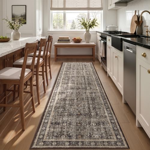 Washable Hallway Runner Rug 3'x8', Vintage MCM, Black/Brown/Beige - Image 3