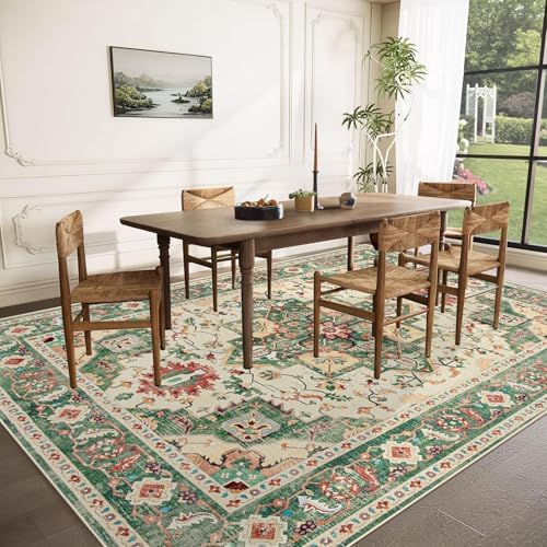 Area Rug 8x10 Washable Rug, Vintage Boho Medallion Rugs Non-Slip Soft Low Pile Large Distressed Rug Indoor Retro Carpet for Living Room Bedroom Dining Room Home Office (Green Beige, 8'x10') - Image 3