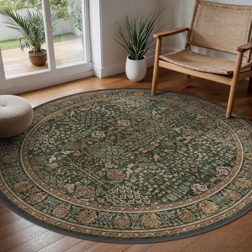 Bavni 5ft Round Area Rug 5x5, Washable Non Slip, Dark Green Brown - Image 2